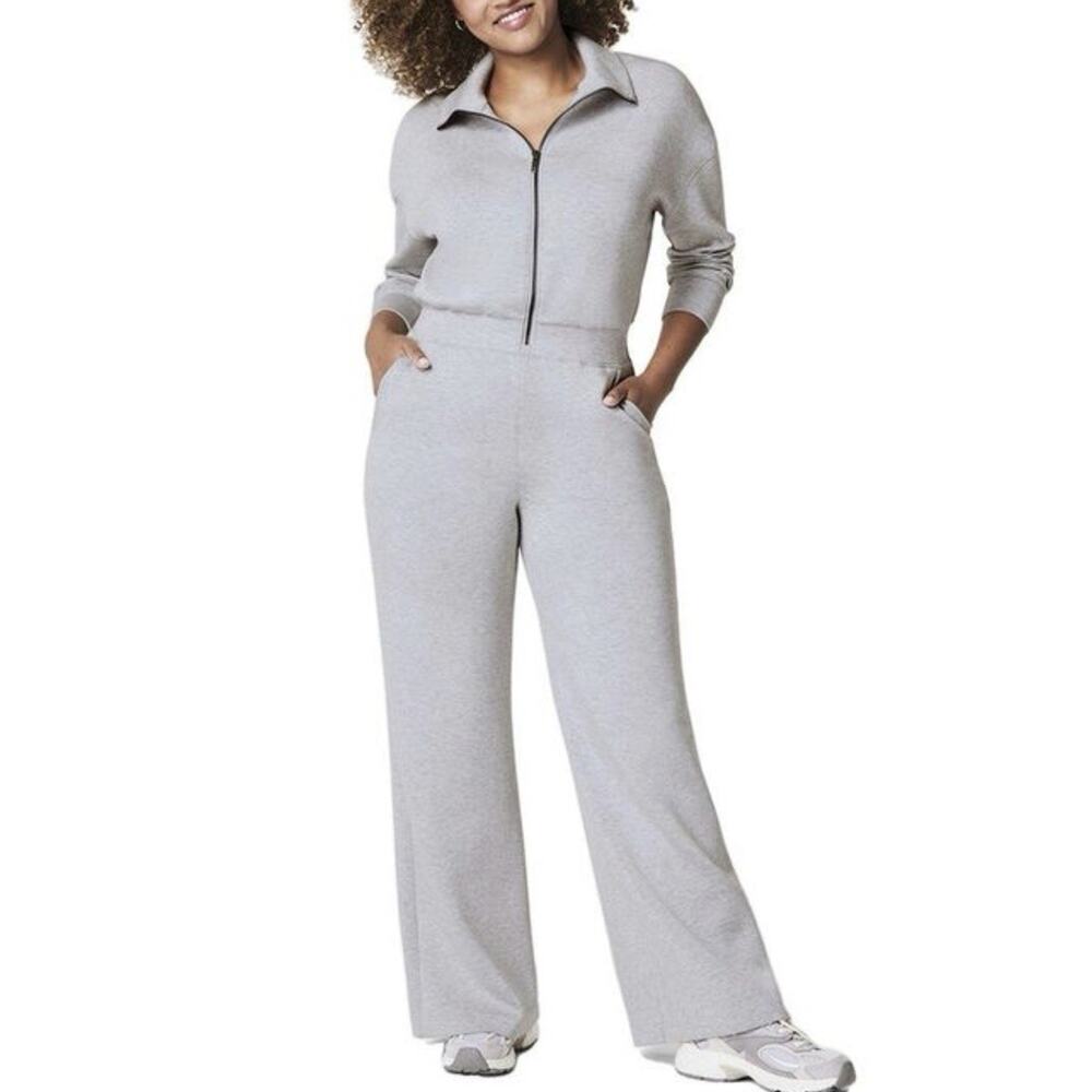 Spanx AirEssentials Wide Leg Jumpsuit Women Medium Brown Half Zip Travel